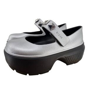 Crocs Stomp Metallic Mary Jane Platform Studded Silver Womens Shoes Size 5